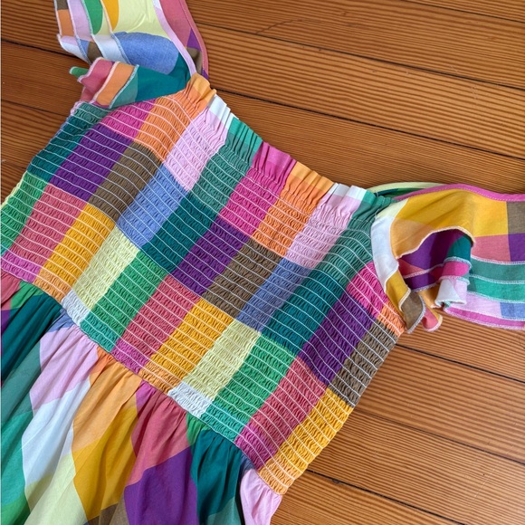 Crown Ivy Rainbow Plaid Smocked Tiered Ruffle Midi Dress L Boho Vacation Resort - Picture 9 of 16